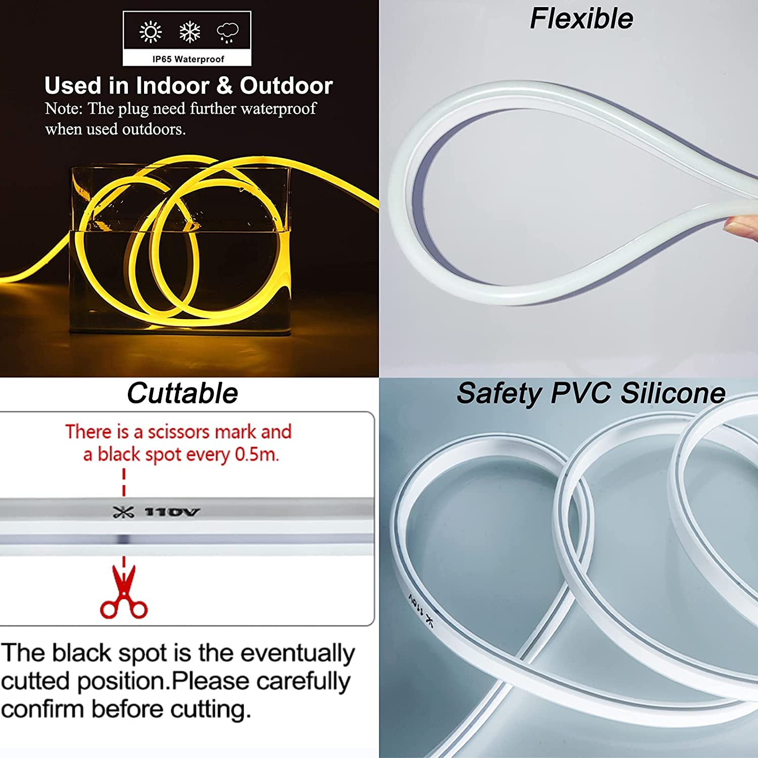 أضواء حبل نيون LED 110 فولت باللون الأصفر