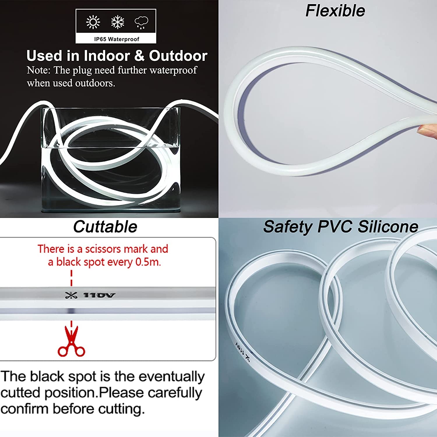 أضواء حبل نيون LED 110 فولت، ضوء النهار الأبيض معتمد من UL